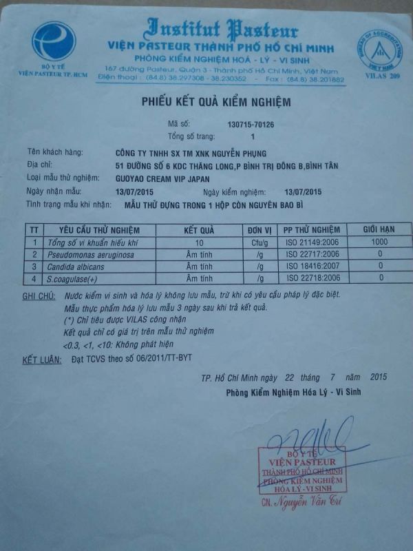 Giấy đăng ký kiểm định Pasteur